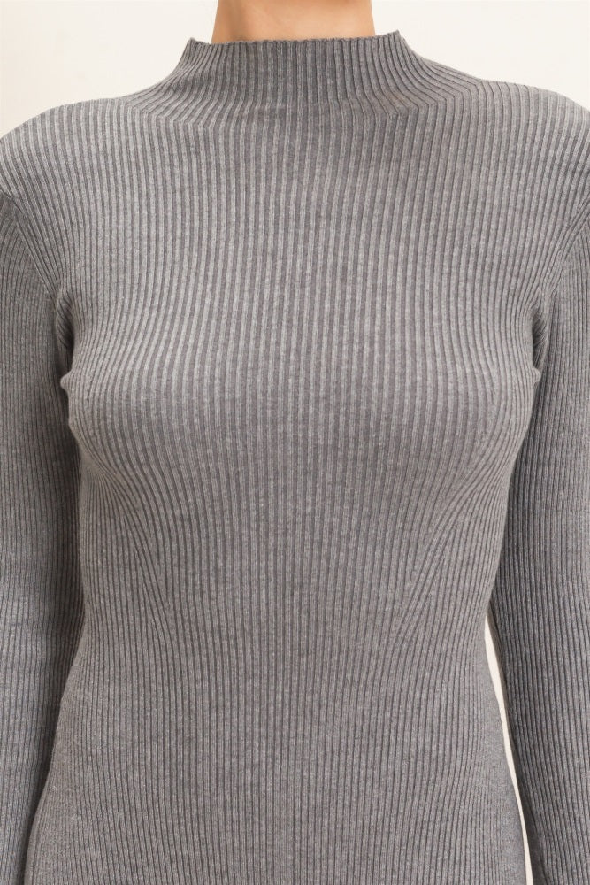 Heather Grey Ribbed Mock Neck Long Sleeve Midi Dress