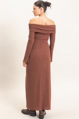 Brown Off-Shoulder Long Sleeve Maxi Dress