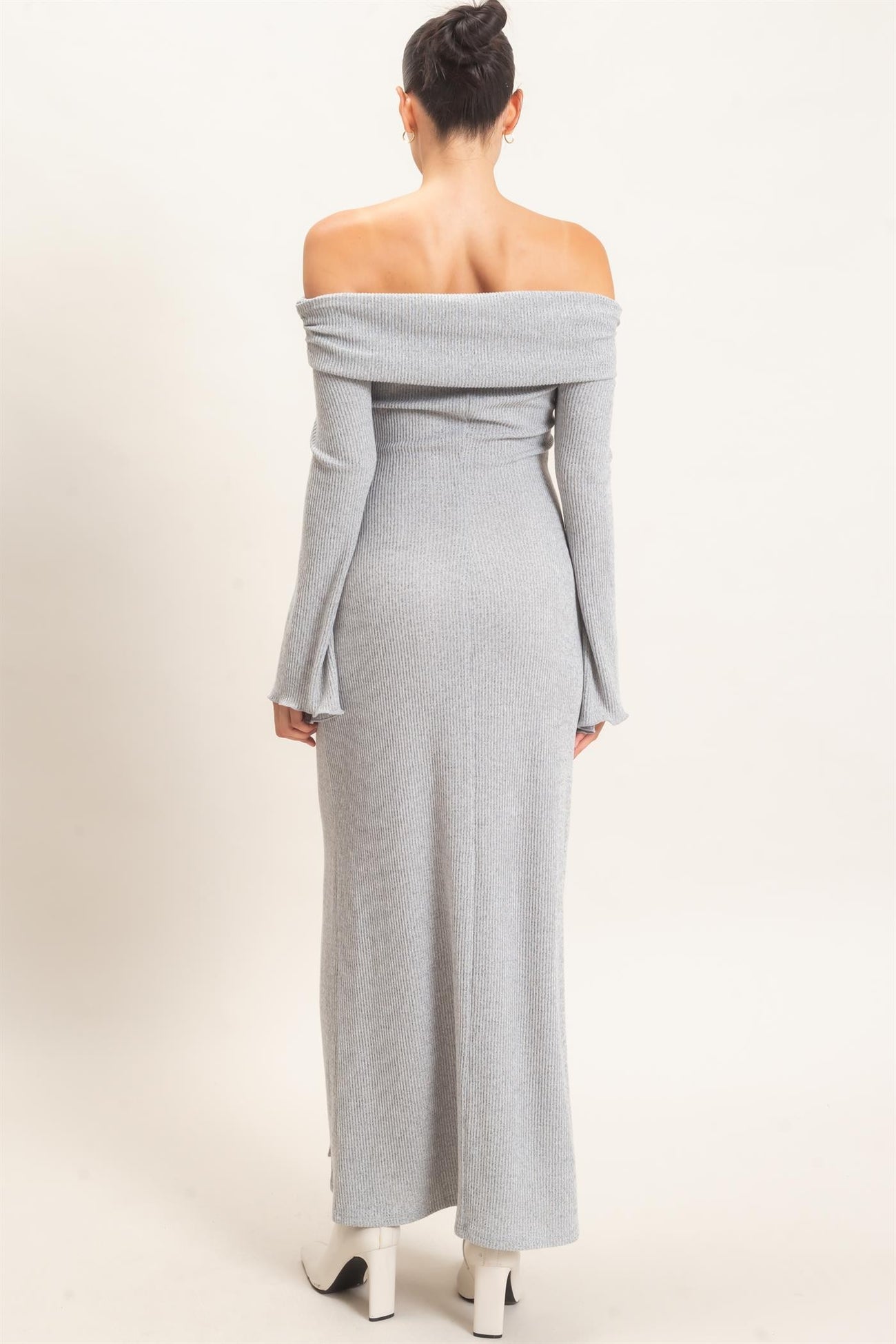 Grey Off-Shoulder Long Sleeve Maxi Dress