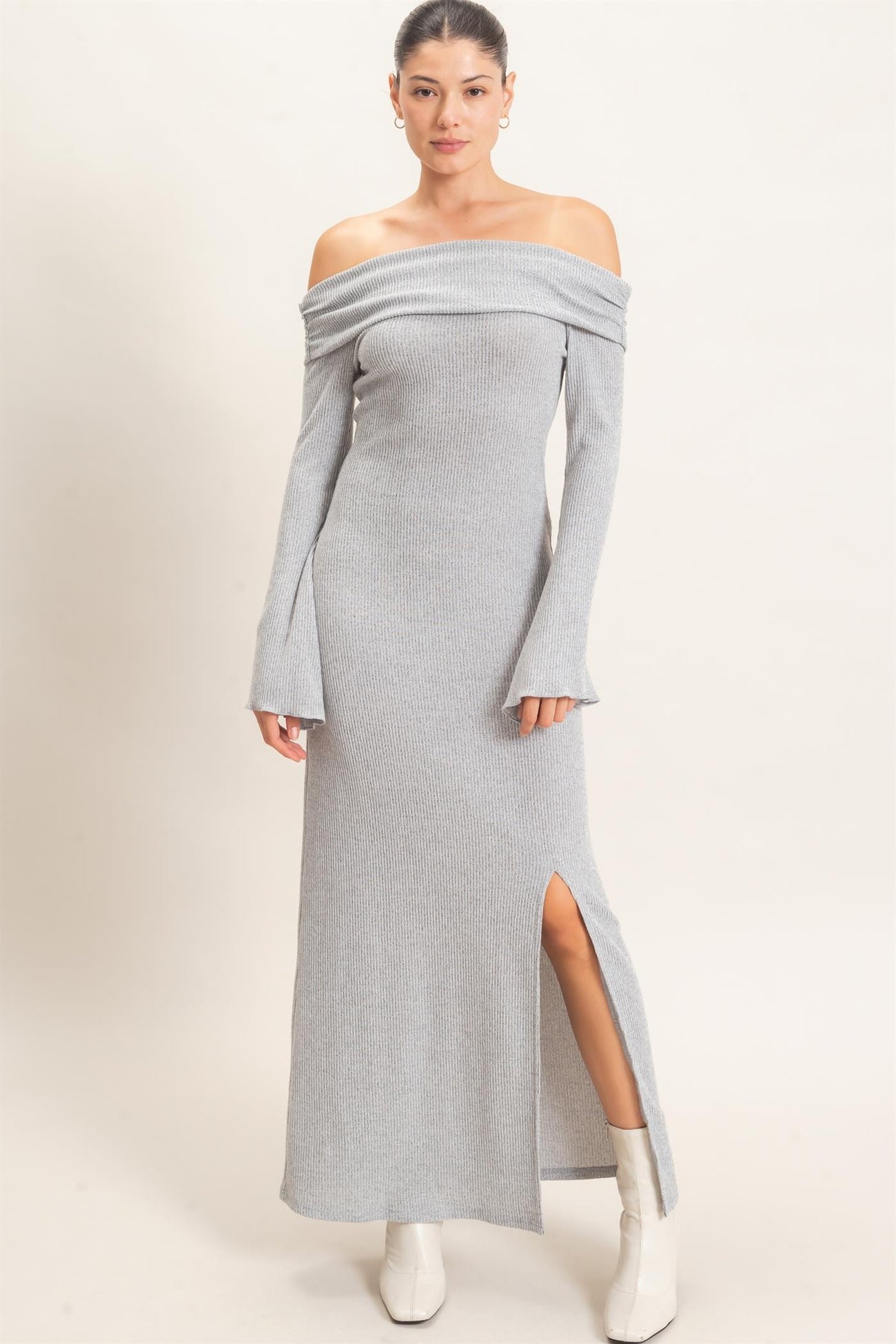 Grey Off-Shoulder Long Sleeve Maxi Dress