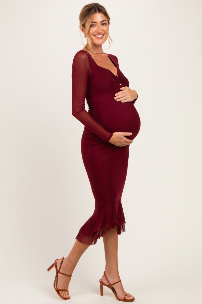 Burgundy Ruched Ruffle Hem Maternity Midi Dress