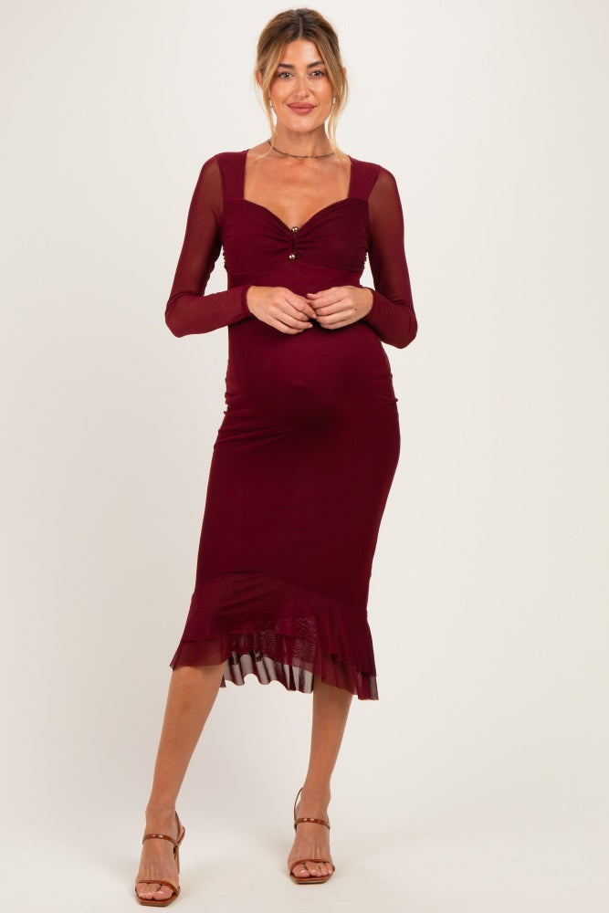 Burgundy Ruched Ruffle Hem Maternity Midi Dress