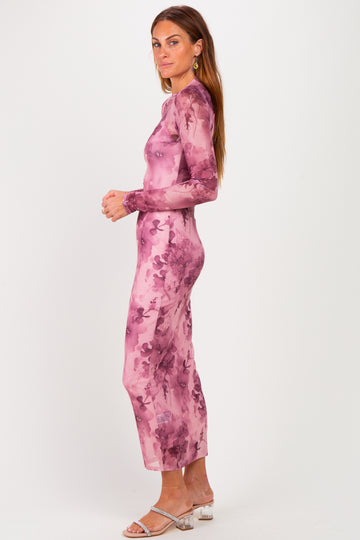 Light Pink Floral Mesh Long Sleeve Midi Dress