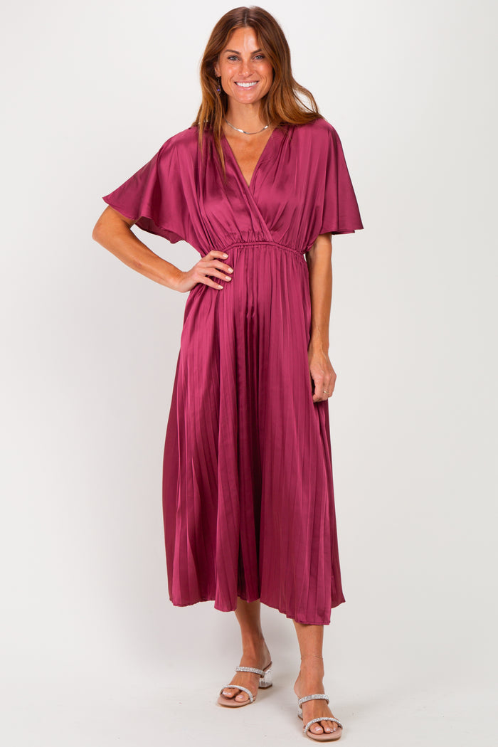 Dark Mauve V-Neck Satin Pleated Maternity Midi Dress
