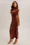 Brown Cowl Neck Ruched Velvet Maxi Dress