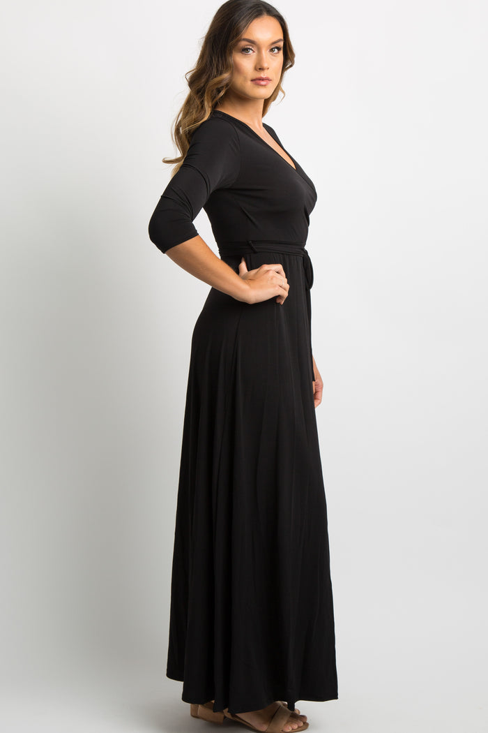 Black Solid Sash Tie Maxi Dress