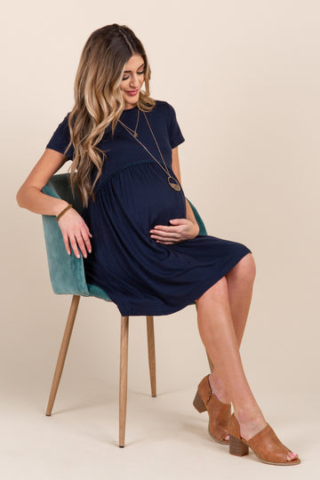 PinkBlush Navy Solid Crochet Trim Maternity Shift Dress