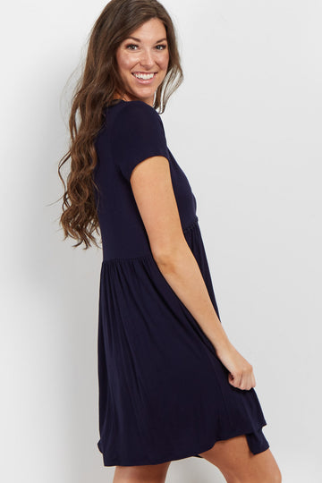 PinkBlush Navy Solid Crochet Trim Shift Dress