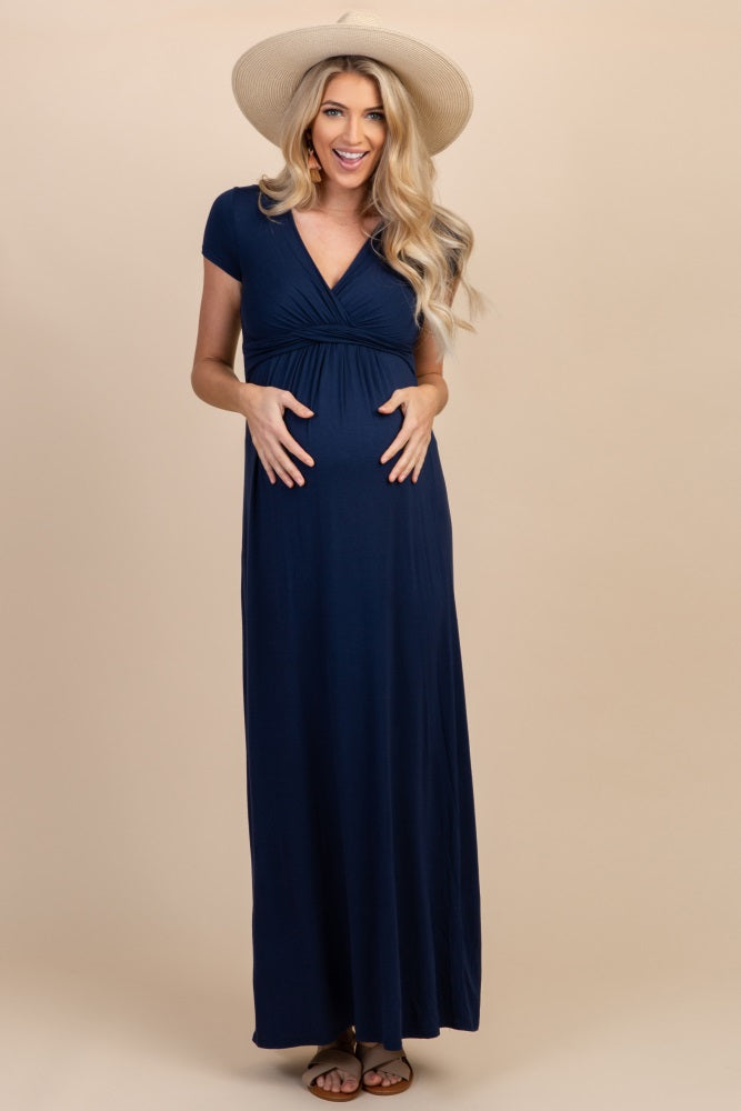 PinkBlush Navy Draped Maternity/Nursing Maxi Dress