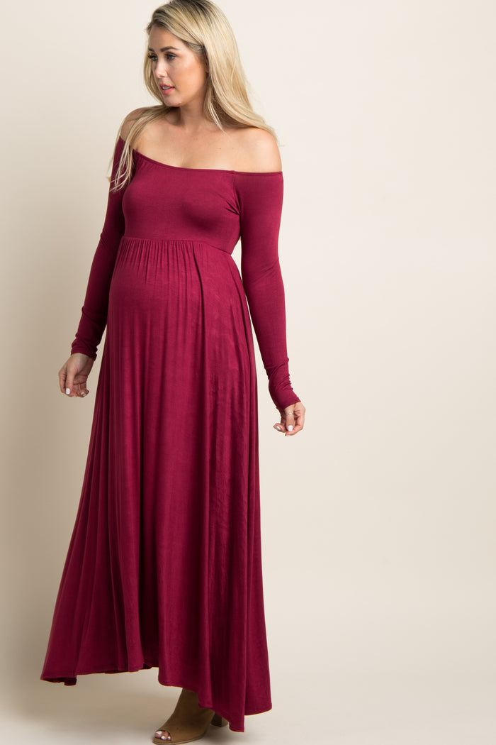 PinkBlush Petite Dark Burgundy Solid Off Shoulder Maternity Maxi Dress