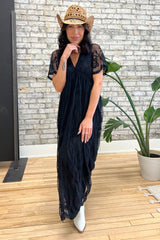 PinkBlush Black Lace Mesh Overlay Maxi Dress