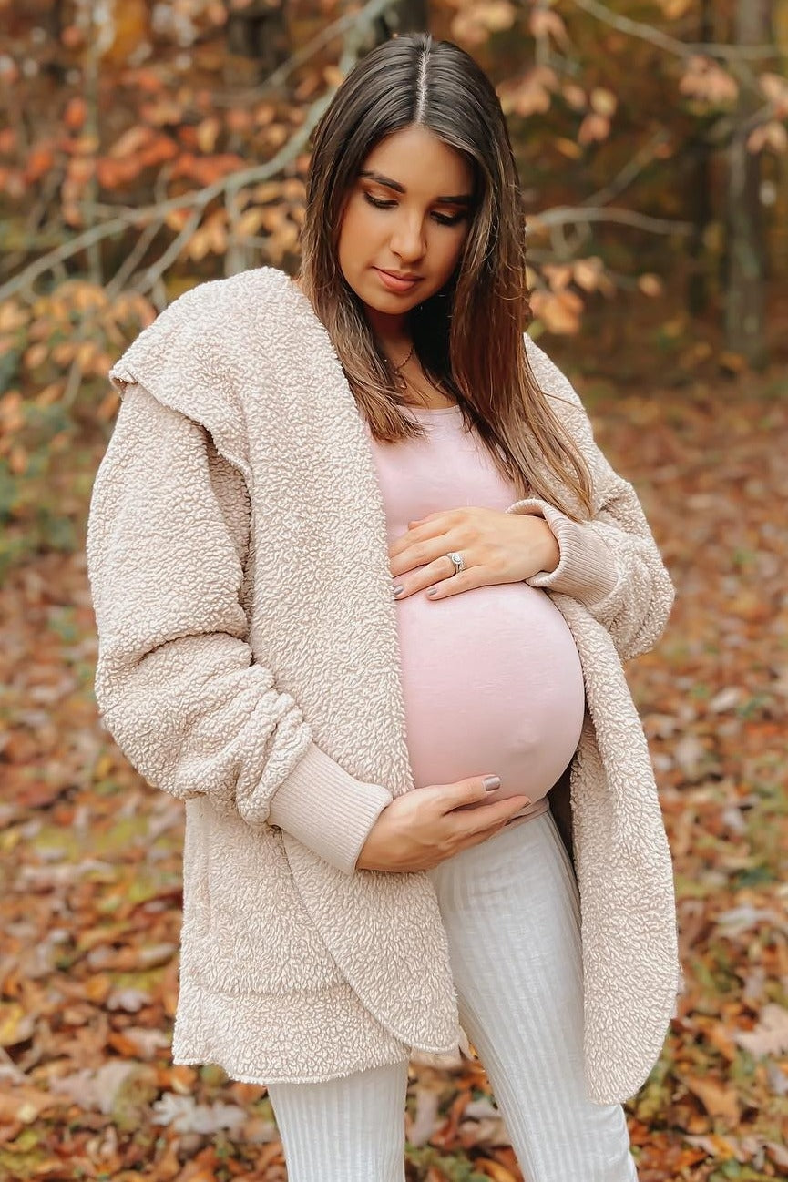 Taupe Fuzzy Hooded Long Sleeve Maternity Jacket