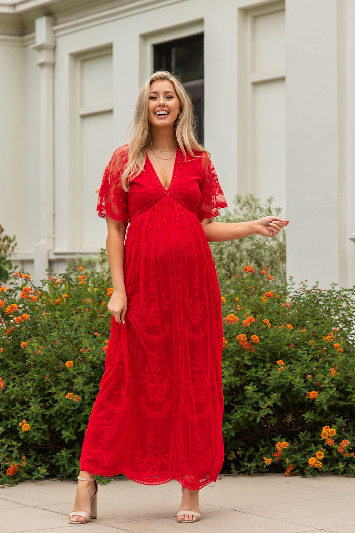 PinkBlush Red Lace Mesh Overlay Maternity Maxi Dress
