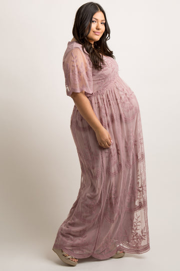 PinkBlush Mauve Lace Mesh Overlay Plus Maternity Maxi Dress