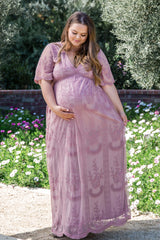 PinkBlush Mauve Lace Mesh Overlay Plus Maternity Maxi Dress