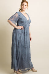PinkBlush Blue Lace Mesh Overlay Plus Maxi Dress