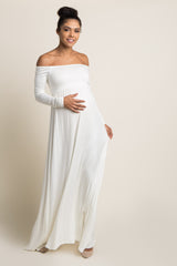 PinkBlush Tall Ivory Solid Off Shoulder Maternity Maxi Dress
