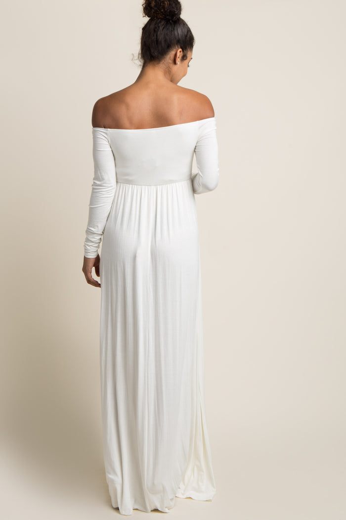 PinkBlush Tall Ivory Solid Off Shoulder Maternity Maxi Dress