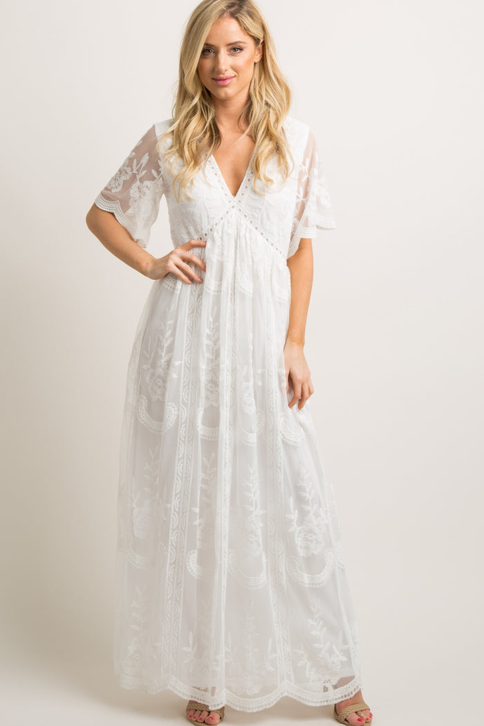 PinkBlush White Lace Mesh Overlay Maternity Maxi Dress