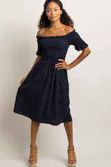 Navy Polka Dot Smocked Maternity Dress