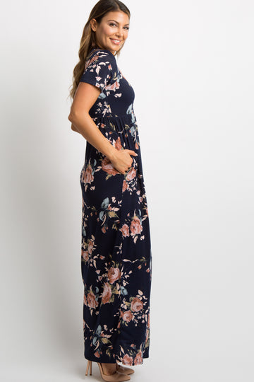 Navy Blue Rose Print Short Sleeve Maxi Dress