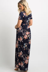 Navy Blue Rose Print Short Sleeve Maternity Maxi Dress