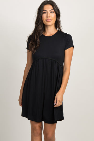 PinkBlush Black Solid Crochet Trim Shift Dress