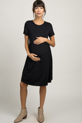 PinkBlush Black Solid Crochet Trim Maternity Shift Dress