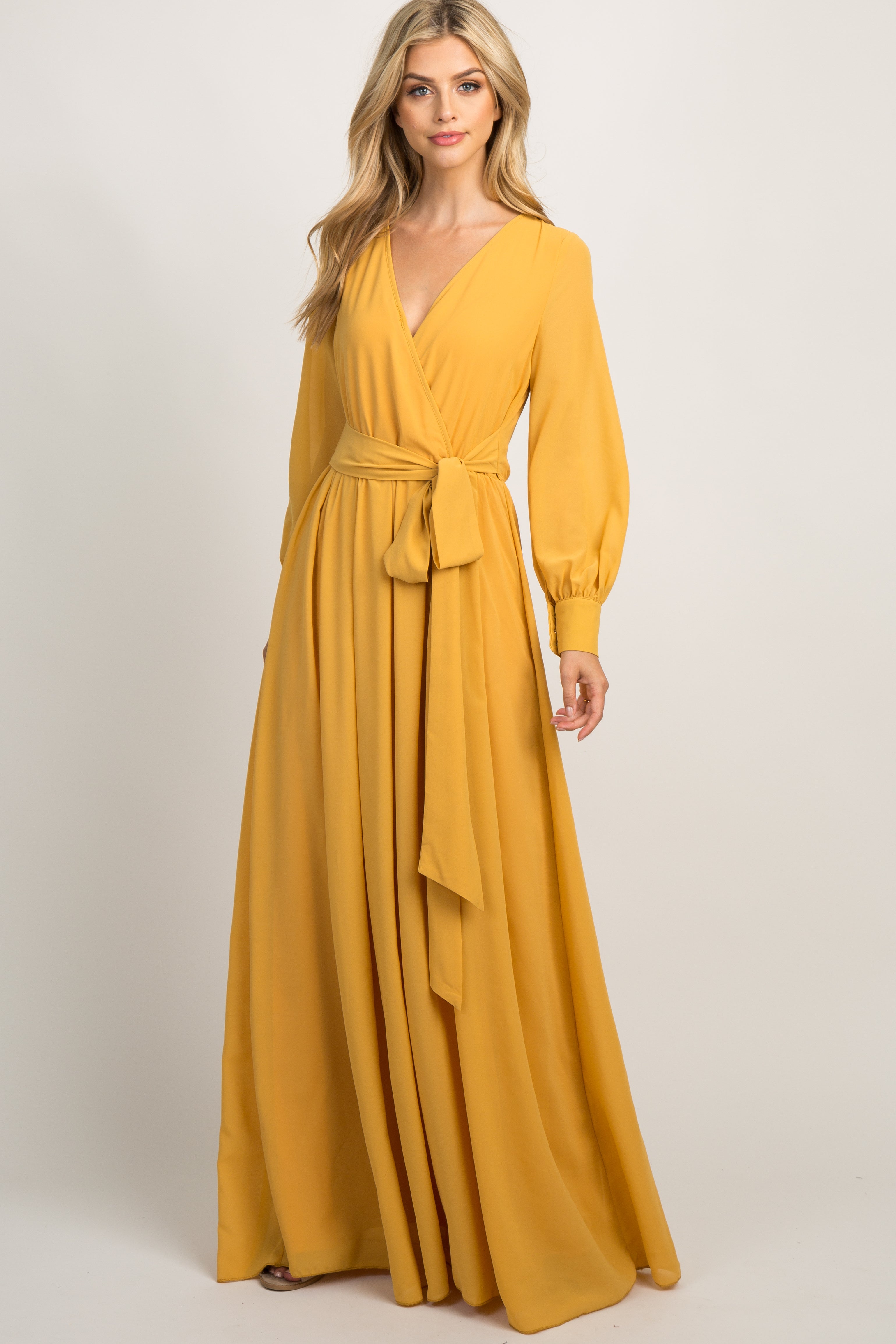 chinese dress ladies Yellow Chiffon Long Sleeve Pleated Maxi Dress