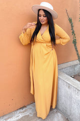 Yellow Chiffon Long Sleeve Pleated Maxi Dress
