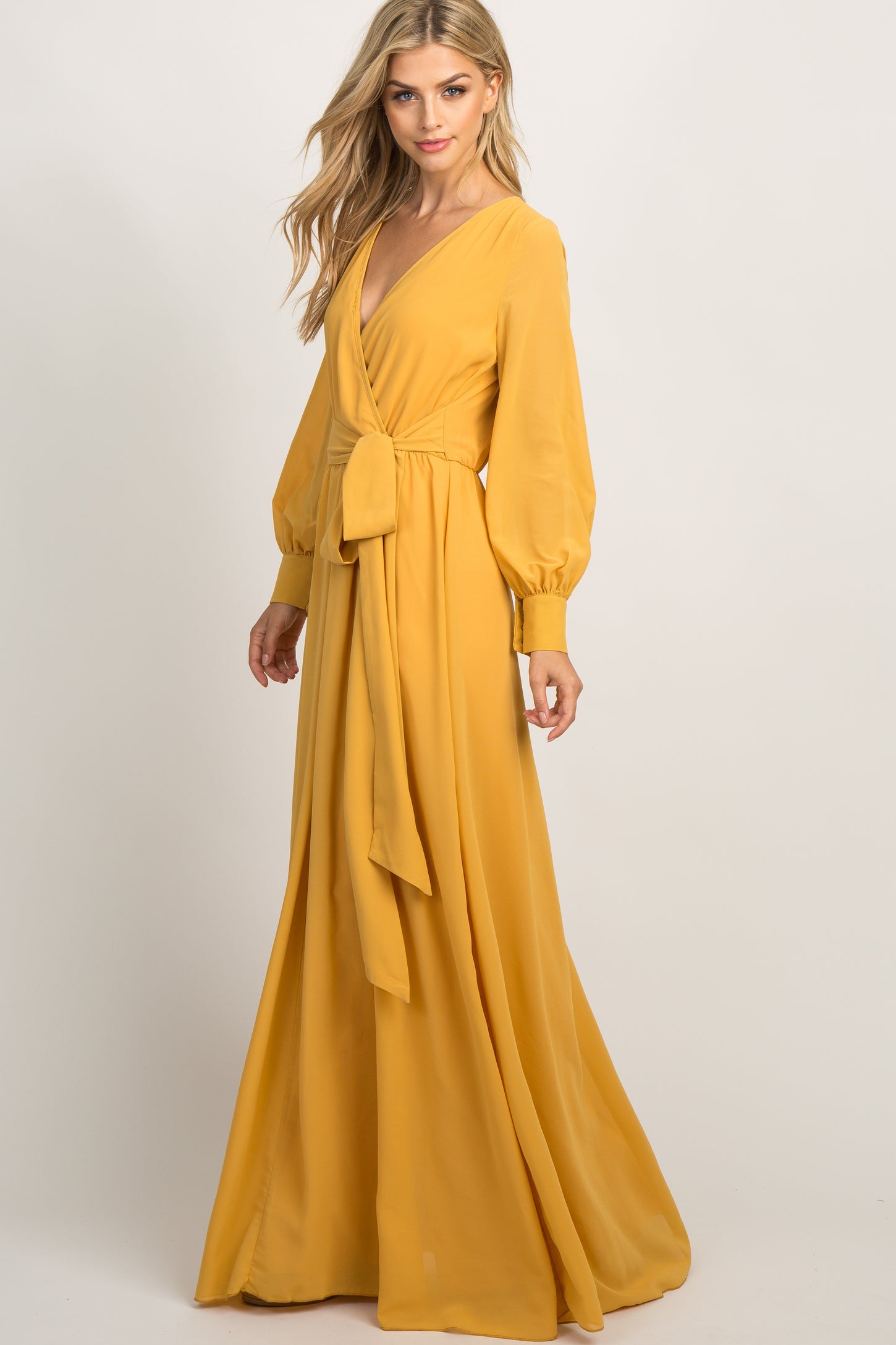 Yellow Chiffon Long Sleeve Pleated Maxi Dress PinkBlush Yellow Chiffon Long Sleeve Pleated Maxi Dress PinkBlush