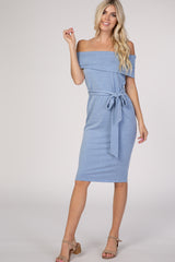 PinkBlush Blue Folded Off Shoulder Belted Fitted Maternity Dress