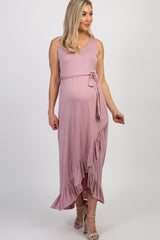 PinkBlush Mauve Sleeveless Hi-Low Ruffle Trim Maternity Maxi Dress