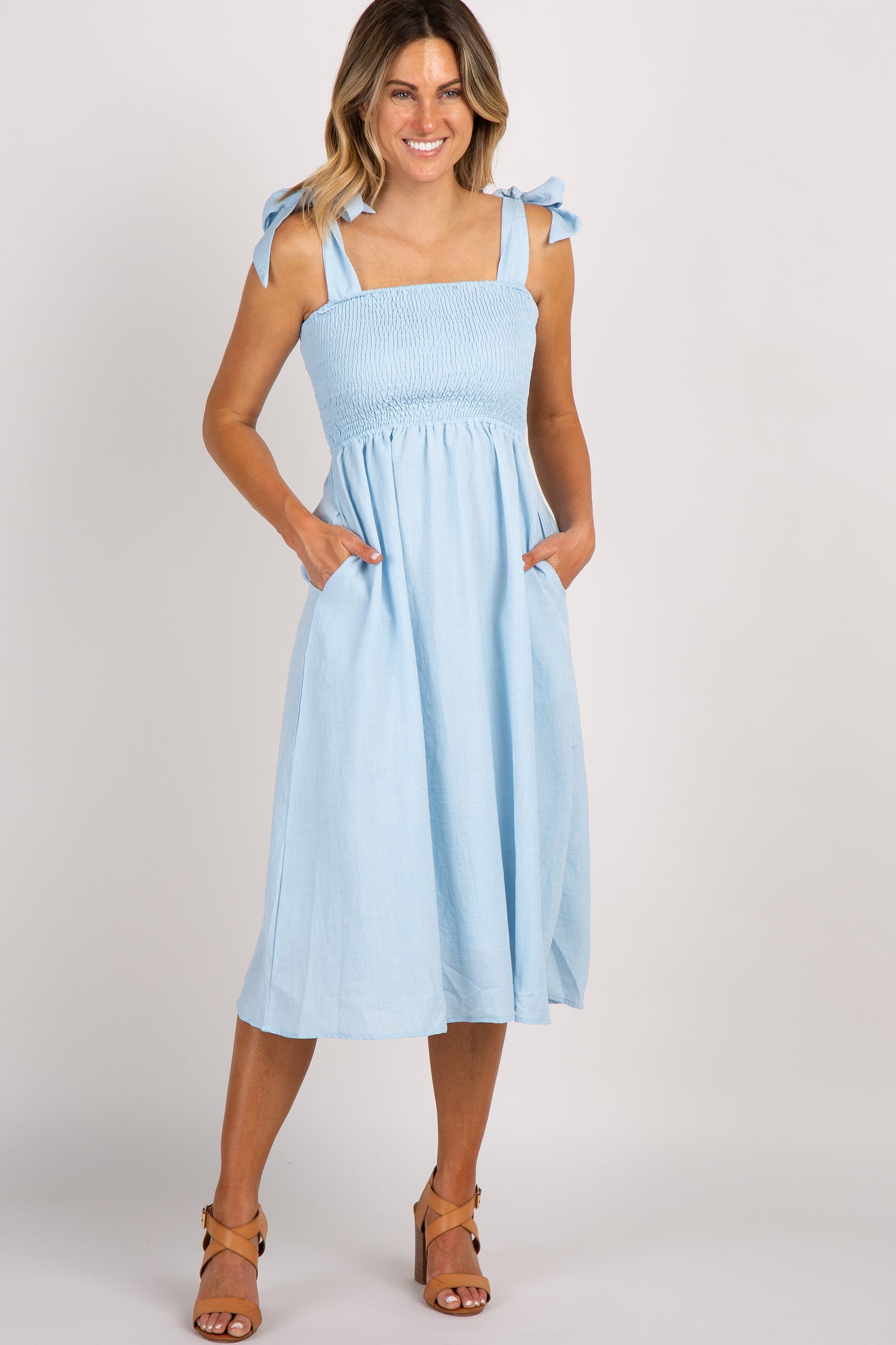 Light Blue Strap Tie Smocked Maternity Dress