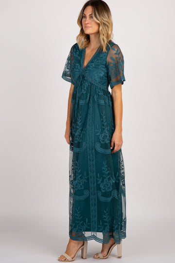 Dark Turquoise Lace Mesh Overlay Maxi Dress