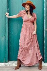 Pink Floral Puff Sleeve Maxi Dress