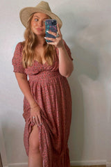 Pink Floral Puff Sleeve Maxi Dress