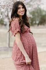 Pink Floral Puff Sleeve Maternity Maxi Dress