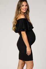 Black Off Shoulder Ruched Maternity Dress