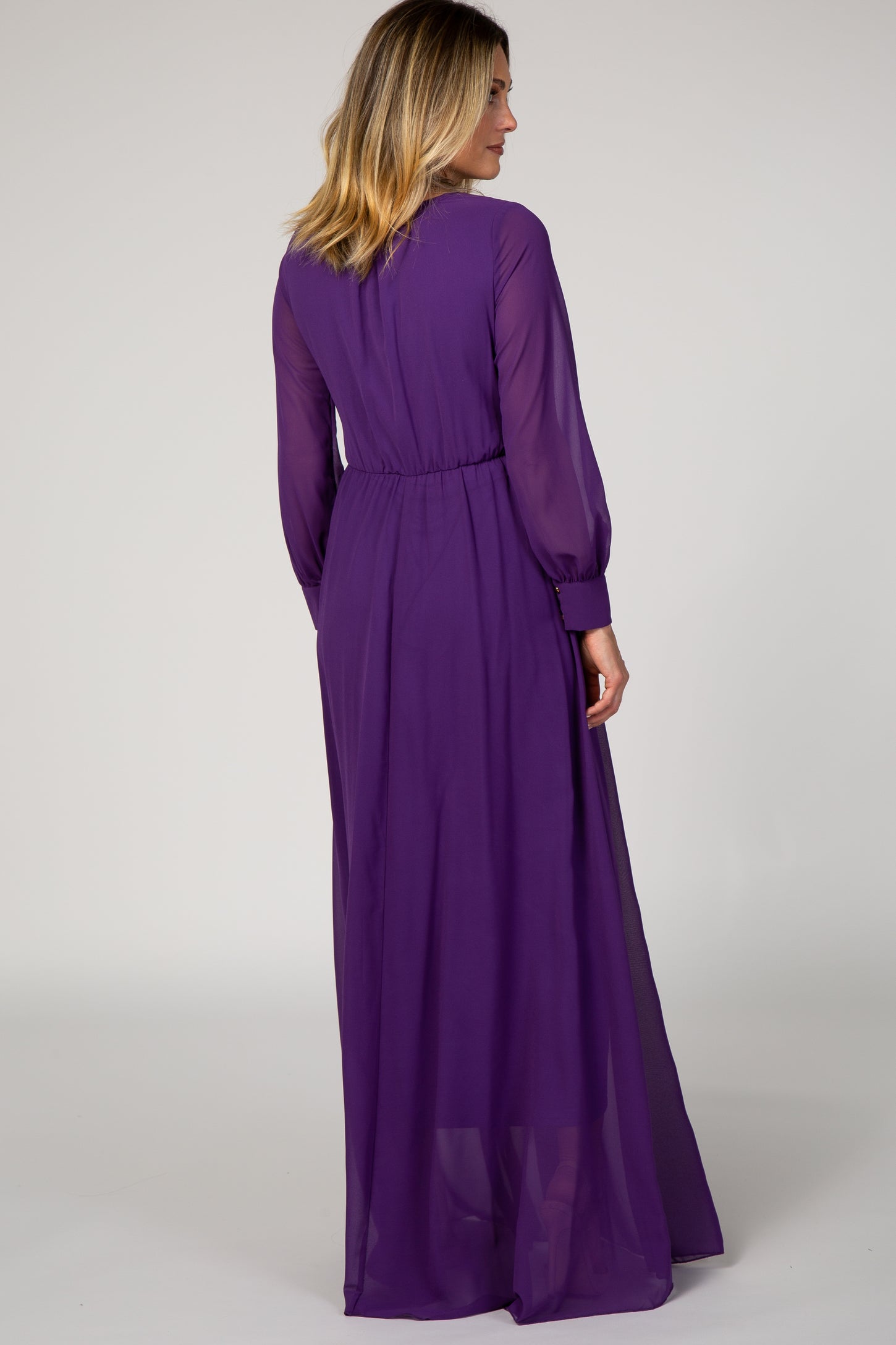 purple chiffon dress with sleeves Purple Chiffon Maxi Dress with Fit and Flare Silhouette