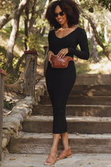 Black V-Neck Long Sleeve Fitted Maxi Dress