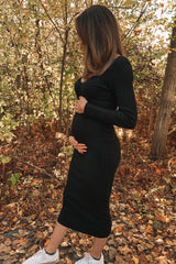 Black V-Neck Long Sleeve Fitted Maternity Maxi Dress