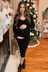 Black V-Neck Long Sleeve Fitted Maternity Maxi Dress