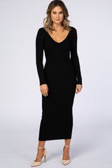 Black V-Neck Long Sleeve Fitted Maxi Dress