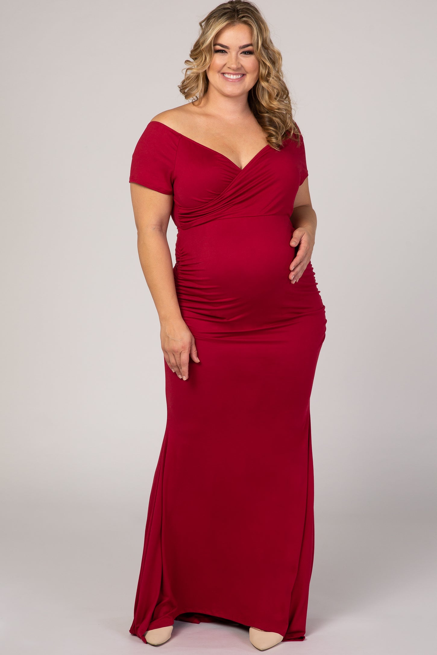 PinkBlush Burgundy Off Shoulder Wrap Plus Maternity Photoshoot Gown/Dr PinkBlush Burgundy Off Shoulder Wrap Plus Maternity Photoshoot Gown/Dr