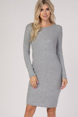 Heather Grey Ribbed Knit Long Sleeve Dress