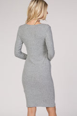 Heather Grey Ribbed Knit Long Sleeve Dress