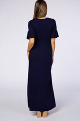 Navy Blue Button Ruffle Sleeve Maternity Maxi Dress