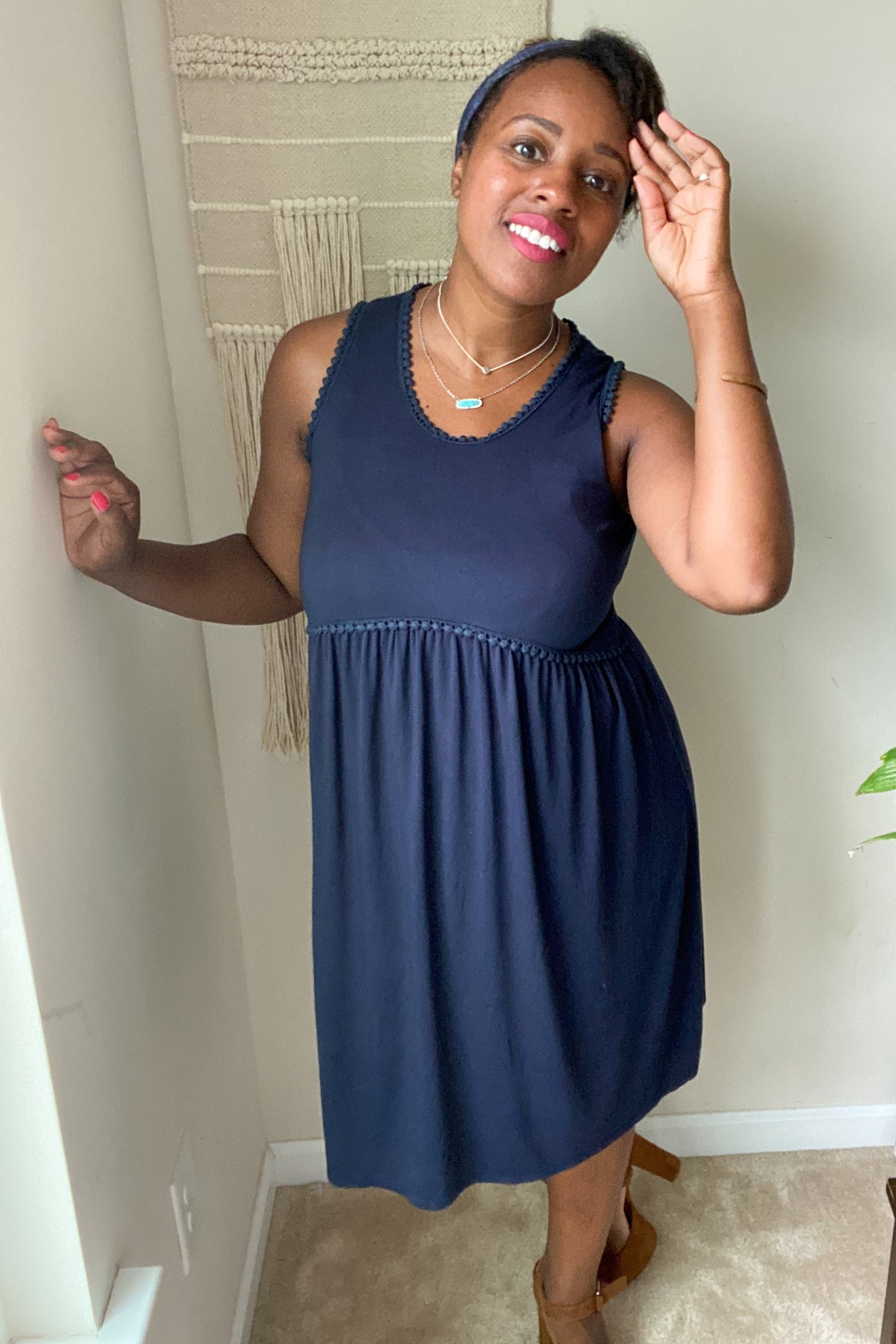 PinkBlush Navy Blue Sleeveless Round Neck Pom Pom Detail Dress