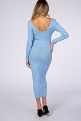 Light Blue V-Neck Long Sleeve Fitted Maternity Maxi Dress